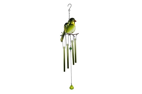 Green Glass Bird and Metal Tube Wind Chime